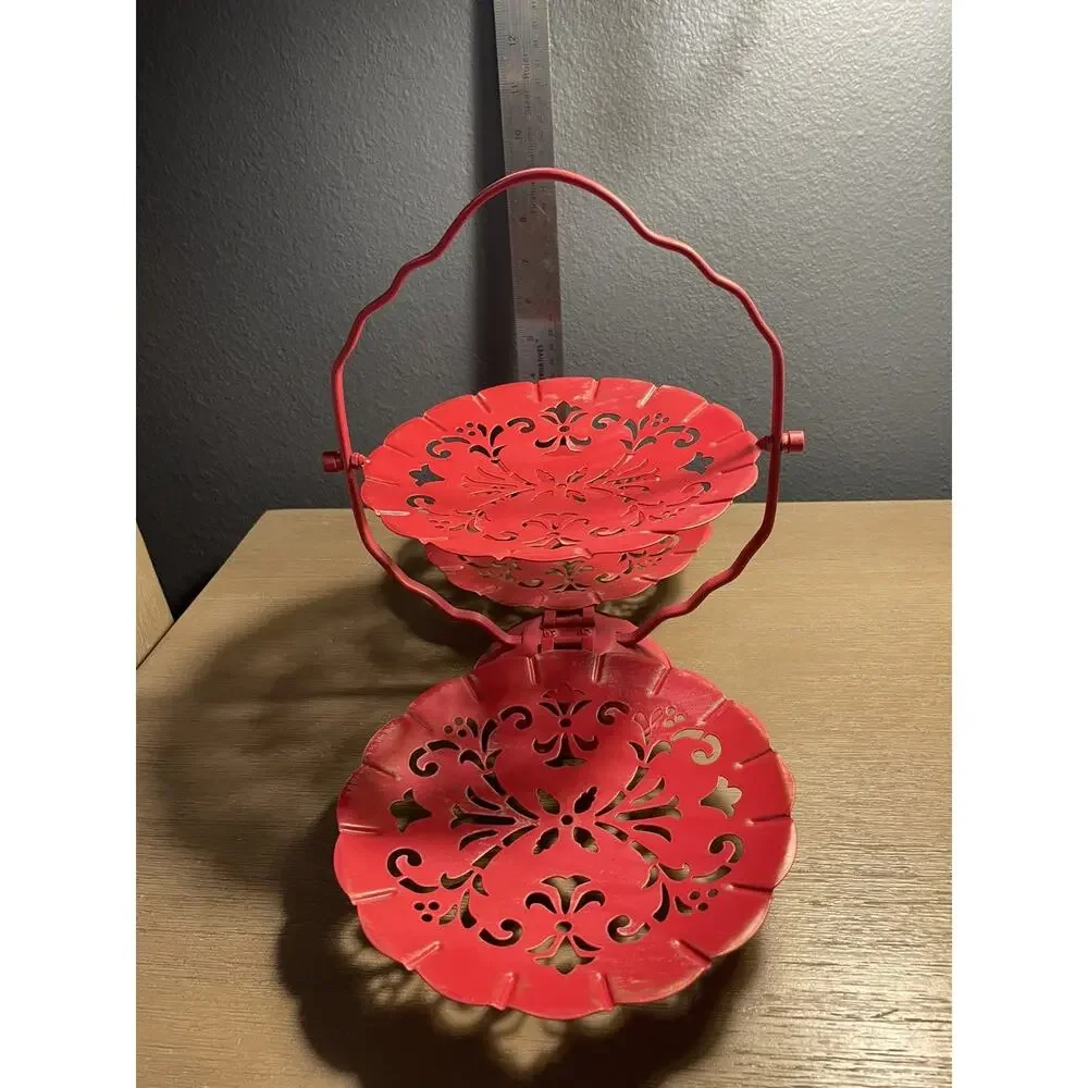 Vintage Style 3 Tier Folding Metal Serving Tray RED Clamshell Beautiful Lace